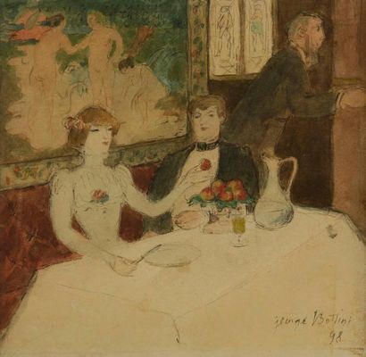 GEORGE BOTTINI (1874-1907) Le Souper, 1898. Aquarelle et encre de chine. Signée et...
