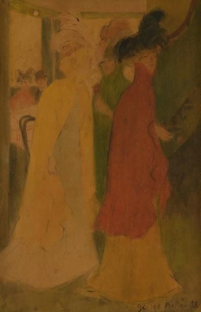 GEORGE BOTTINI (1874-1907) Trois femmes en pied, conversation au restaurant, 1898....