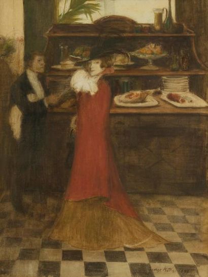 GEORGE BOTTINI (1874-1907) Élégante devant un buffet, 1899. Aquarelle et encre de...
