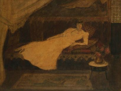 GEORGE BOTTINI (1874-1907) Femme au sofa, une rose dans les cheveux, 1899. Aquarelle...