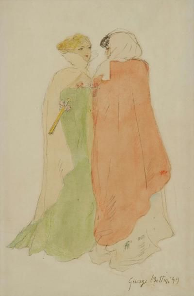 GEORGE BOTTINI (1874-1907) Deux élégantes en conversation, 1899. Aquarelle sur mine...