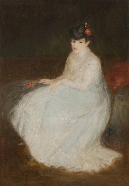 GEORGE BOTTINI (1874-1907) Femme assise en blanc à la rose, 1905. Huile sur panneau....