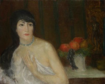 GEORGE BOTTINI (1874-1907) Femme en buste au bouquet. Huile sur toile. (Rentoilage...