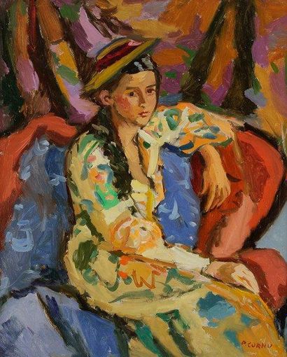Pierre CORNU (1895-1996) Portrait de femme au chapeau Huile sur toile. Signée en...