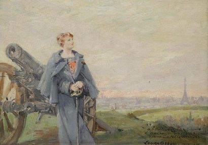 Louise ABBEMA (1858-1927) Autoportrait au canon devant Paris, 1914-1915 Huile sur...