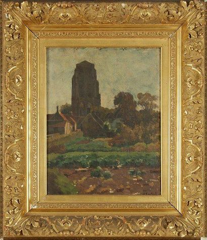 Nicolaas Syvert BASTERT (1854-1939) Vue de la tour de Zierikzee Huile sur toile marouflée...