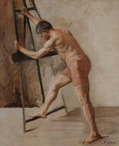 Charles Kvapil (1884-1958) Modèle dans un atelier Huile sur toile. Signée en bas...