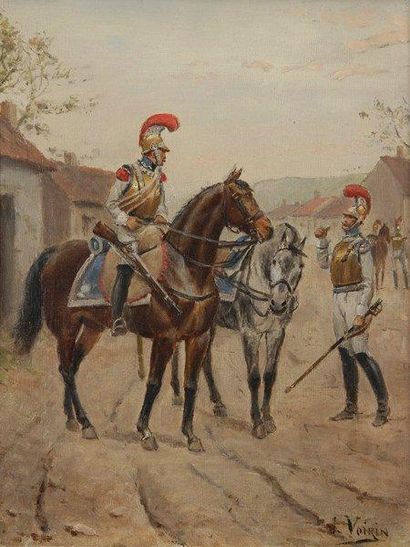 Jules Antoine VOIRIN (1833-1898) Cuirassier à cheval Huile sur toile. Signée en bas...