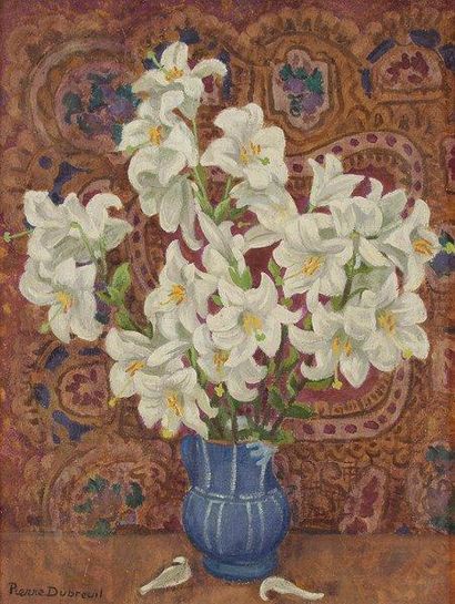 Pierre DUBREUIL (1891-1970) Bouquet au vase bleu Huile sur toile. Signée en bas à...