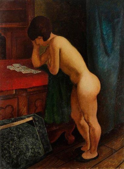 Pierre DUBREUIL (1891-1970) Nu aux cartes, 1920 Huile sur toile. Signée en bas à...