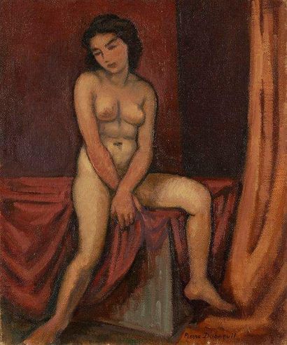 Pierre DUBREUIL (1891-1970) Nu sur fond rouge Huile sur toile. Signée en bas à droite....
