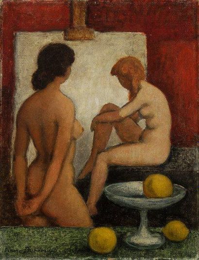 Pierre DUBREUIL (1891-1970) Les Deux modèles nus Huile sur toile. Signée en bas à...