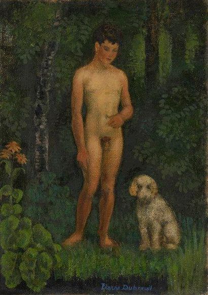 Pierre DUBREUIL (1891-1970) Kiki et son chien, 1950 Huile sur toile. Signée en bas...