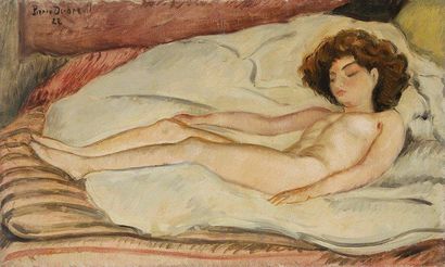 Pierre DUBREUIL (1891-1970) Nu sur le drap blanc, 1922 Huile sur toile. Signée et...