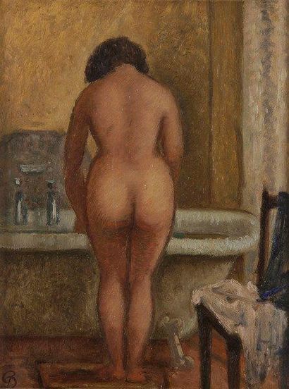 Pierre DUBREUIL (1891-1970) Nu de dos à la baignoire Huile sur toile. Monogrammée...