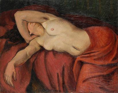 Pierre DUBREUIL (1891-1970) Nu au drap rouge Huile sur toile. Signée en bas à vers...