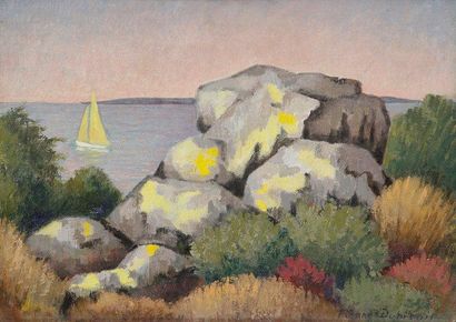 Pierre DUBREUIL (1891-1970) Bretagne, bord de mer aux rochers Huile sur carton toilé....
