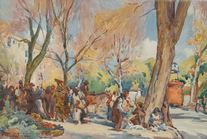 François CORBELLINI (1863-1943) Corse, jour de marché au village Aquarelle. Signée...
