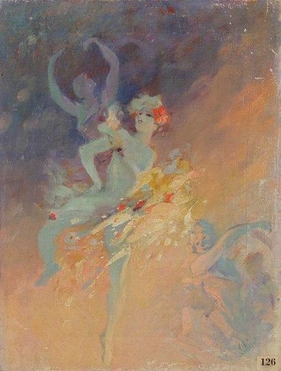Jules CHÉRET (1836-1932) Danseuses Huile sur toile. Signée en bas à droite. Porte...