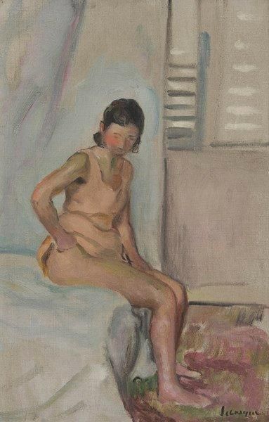 Henri LEBASQUE (1865-1937) Jeune fille assise sur son lit Huile sur toile. Signée...
