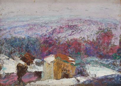 Victor CHARRETON (1864-1936) Paysage d'Auvergne, l'hiver Huile sur carton. Signée...