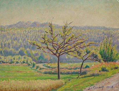 Gustave-Gaston CARIOT (1872-1950) Prairies et forêt à Georgenborn, 1946 Huile sur...