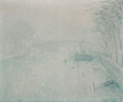 André BARBIER (1883-1970) Brume sur la Seine, 1933 Huile sur toile. Signée et datée...