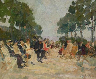 Elie Anatole PAVIL (1873-1944) Paris, scène de jardin public Huile sur toile. Signée...