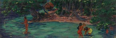 Octave MORILLOT (1878-1931) Jeunes tahitiennes pêchant, 1919 Huile sur toile contrecollée...