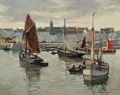 Paul MORCHAIN (1876-1939) Douarnenez, le port au soleil couchant Huile sur panneau....