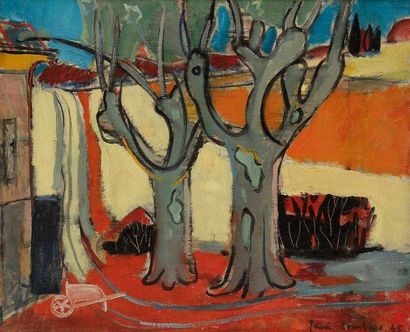 Jean LOMBARD (1895-1983) Cour de ferme aux arbres, 1945 Huile sur toile. Signée et...