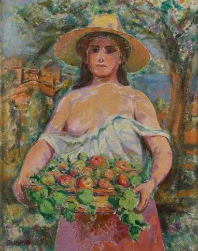 Paul DELTOMBE (1878-1971) Jeune fille à la corbeille de fruits Huile sur toile. Signée...
