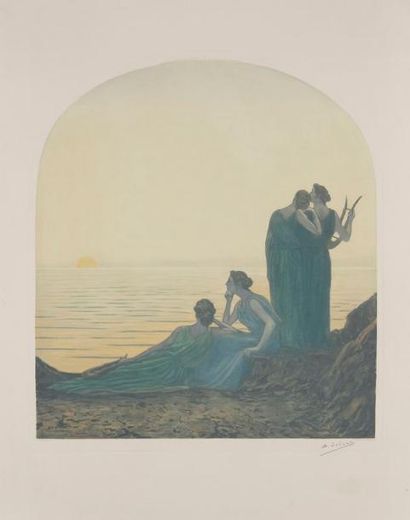 Alphonse Osbert (1857-1939) (d'après) Quatre femmes au soleil couchant devant la...