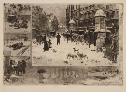 Félix BUHOT (1847-1898) L'Hiver à Paris, ou La Neige à Paris. 1879. Eau-forte, pointe...