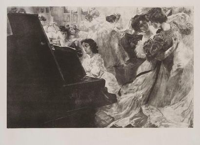 Alexandre LUNOIS (1863-1916) Jeunes femmes dansant au son du piano. Vers 1896. Lithographie....