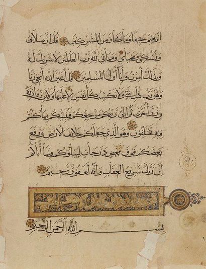 null Partie de Coran mameloûk, Proche-Orient, XIVe siècle Neuf folios sur papier,...