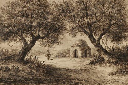 Émilie BOISSELIER (XIXe siècle) Paysage d?Afrique du Nord, 1887 Dessin à l?encre....
