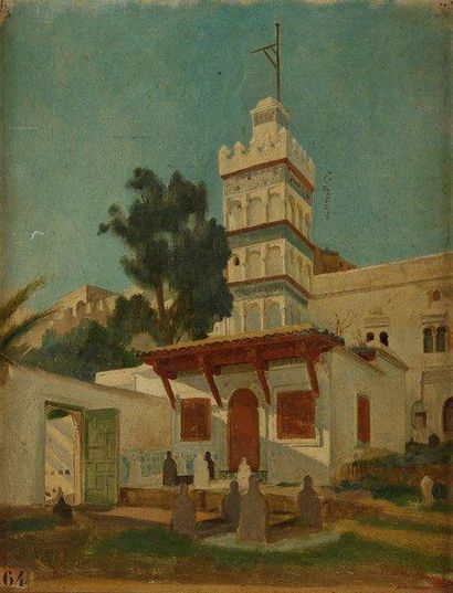 École Française du XIXe siècle Mosquée Huile sur toile. Signée en bas à droite. Porte...