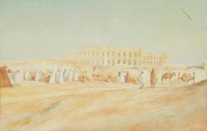 École ORIENTALISTE de la fin du XIXe siècle La Caravane à El Jem, 1902 Aquarelle....