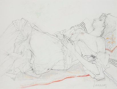 JEAN JANSEM (1920-2013) 
Femme allongée
Dessin au crayon noir, encre et pastel gras.
Signé...