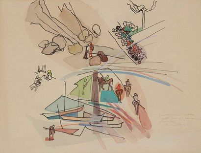 Suzanne ROGER (1899-1986) 
En été, 1954
Dessin à l'encre et aquarelle.
Signé, daté...