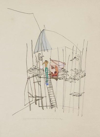 Suzanne ROGER (1899-1986) 
Les Constructeurs, 1955
Dessin à l'encre et gouache.
Signé,...