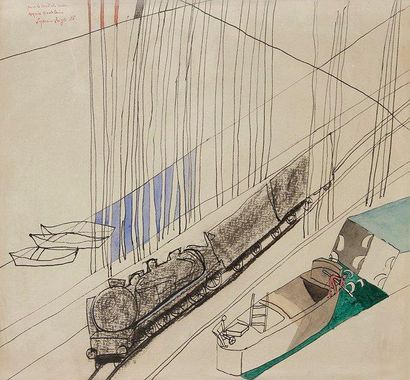 Suzanne ROGER (1899-1986) 
Les Transports, 1956
Dessin à l'encre et aquarelle.
Signé,...