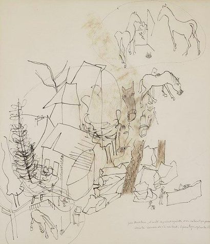 Suzanne ROGER (1899-1986) 
Composition aux chevaux, 1962
Dessin à l'encre et rehauts...