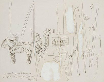 Suzanne ROGER (1899-1986) 
La Voiture à cheval, 1963
Dessin à l'encre et rehauts...
