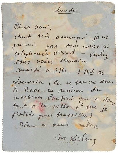 Moïse KISLING (1891-1953) L.A.S., Marseille lundi [21. I. 1929], à M. Heraut à Marseille;...