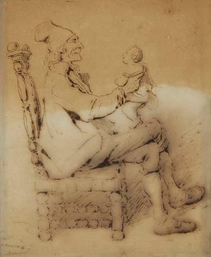 Charles Joseph TRAVIES de VILLIERS (Winterthur 1804-Paris 1859) Un grand-père jouant...