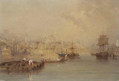 Attribué à Eugène Napoléon FLANDIN (1809- 1876) Istanbul, la Corne d'or Plume et...