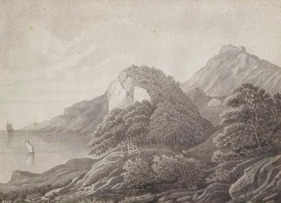Eugène Étienne SORDET (Genève 1836-1915) Vue d'un lac de montagne Lavis gris sur...