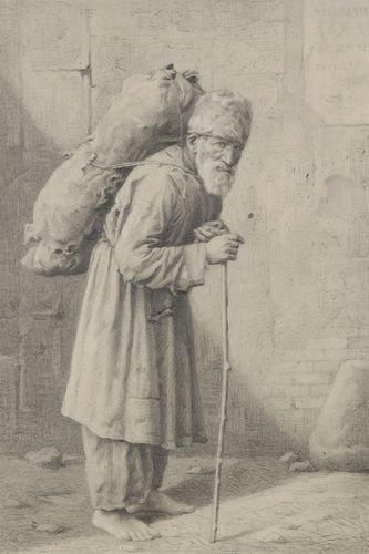 Jeanne Louise CHOISY - CROT (Genève 1842- 1918) Vieil homme portant un fagot Crayon...
